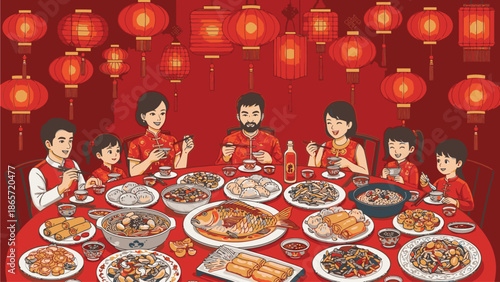 A family of eight people wearing red clothes sitting around a table filled with various Chinese dishes and surrounded by red lanterns in the background, celebrating Chinese's Day with a