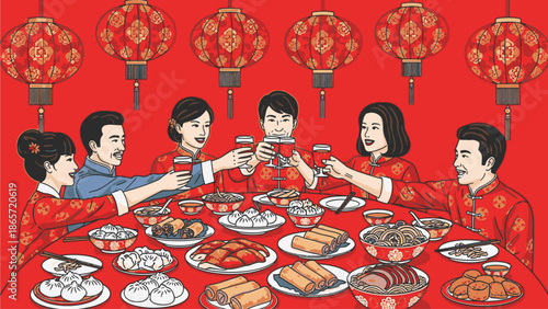 A family of six in traditional Chinese attire toasting with glasses of red wine over a large table filled with various dishes on Chinese's Day against a vibrant red background with hanging