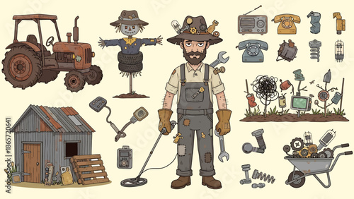 Farmer with gardening tools and equipment in a cartoon style.
