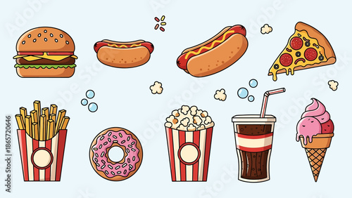 Assorted Fast Food and Desserts Illustration Collection.