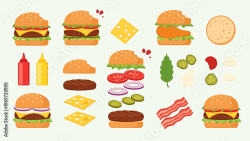 Assorted burger ingredients and condiments illustration.
