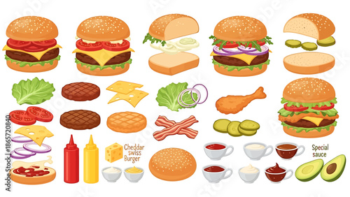 Assorted burgers and ingredients for making sandwiches.