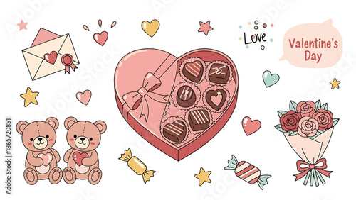 Valentine's Day illustration with heart-shaped chocolates and teddy bears.