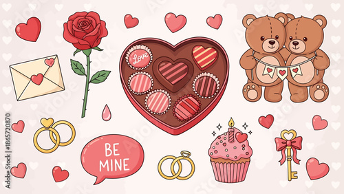 Valentine's Day romantic elements with hearts and gifts.