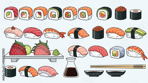 Assorted Sushi and Sashimi with Soy Sauce and Chopsticks.