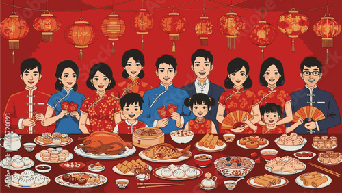 A diverse group of people, including adults and children, gathered around a table filled with various traditional Chinese dishes on a Chinese's Day, against a vibrant red background adorned