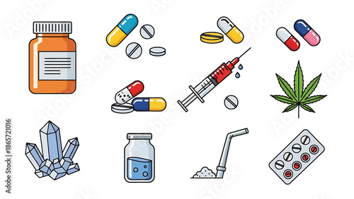 Assorted Drug Icons Including Pills, Syringe, and Marijuana.