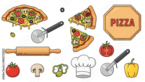 Assorted Pizza Ingredients and Cooking Utensils Illustration.