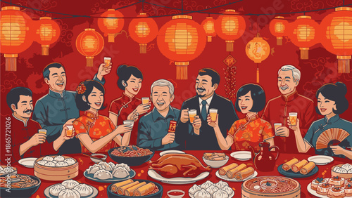 Illustration of a diverse group of people celebrating Chinese's Day with traditional food and red lanterns in a vibrant setting.