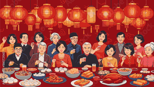 Illustration of a diverse group of people celebrating Chinese's Day with a large spread of traditional food under red lanterns in a festive atmosphere.