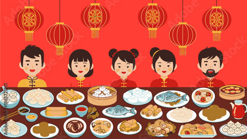 Illustration of a Chinese family having a meal together on Chinese's Day with various traditional dishes and red lanterns in the background, conveying a joyful and festive atmosphere.