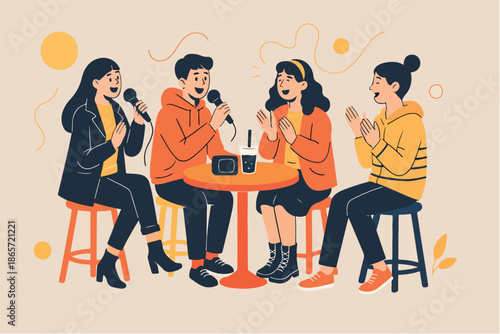 Group of friends hanging out and drinking coffee together. Lifestyle illustration representing friendship, relaxation, and social moments.