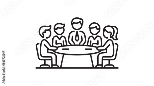 Business meeting participants in minimalist line art style with simple black lines on white background for corporate illustration