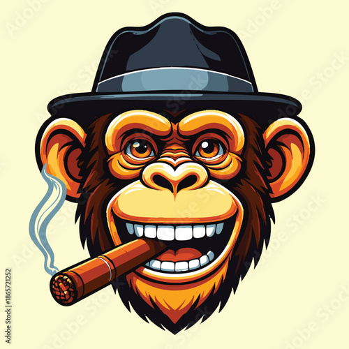 A cartoon monkey wearing a fedora and smoking a cigar on a colored background