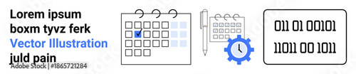 Data management, digital planning, appointment scheduling, time management, software development, coding. Calendar, pencil gear binary code. Data management and digital planning concept