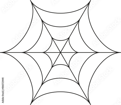 Black and white line art illustration of a symmetrical spider web