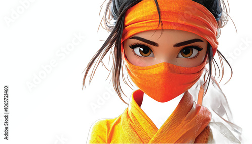 Animated Character with Orange Headband and Mask Stares Intently.