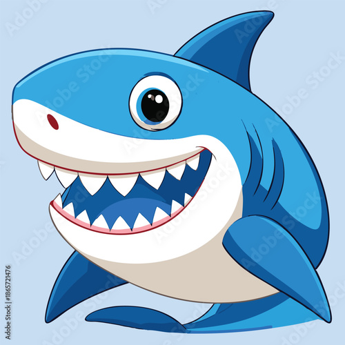 A cartoon blue shark with a big smile and sharp teeth on a light blue background