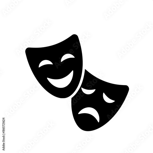 Flat graphic icon of comedy and tragedy, black overlapping masks, white eye and mouth lines, balanced composition, minimalist branding style