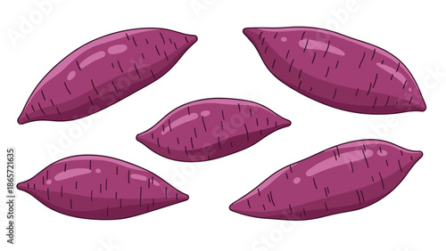 Five whole purple sweet potatoes with textured skins are arranged in a group on a clean white background for a fresh food illustration.
