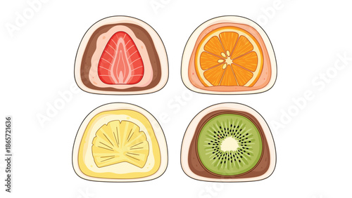 Collection of four traditional japanese fruit daifuku mochi filled with strawberry, orange, pineapple, and kiwi on a white background.