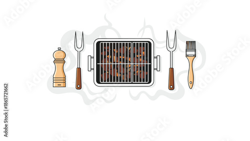 Barbecue grill set with smoking meat, wooden pepper mill, long metal forks, and a basting brush arranged on a clean white background.