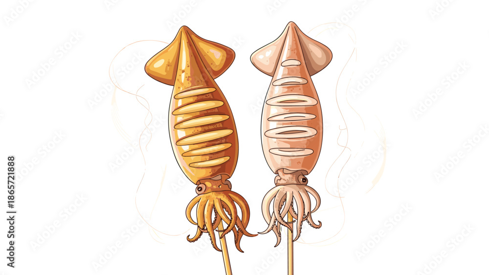 Obraz premium Two perfectly grilled whole squids on wooden skewers with a golden brown glaze and steam rising against a minimal white background.