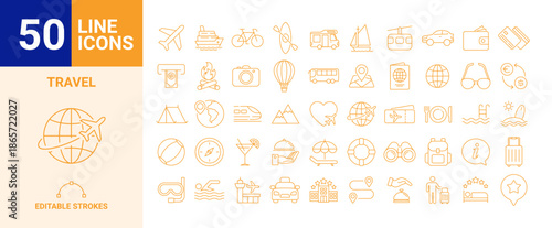 Travel line icons set with editable strokes