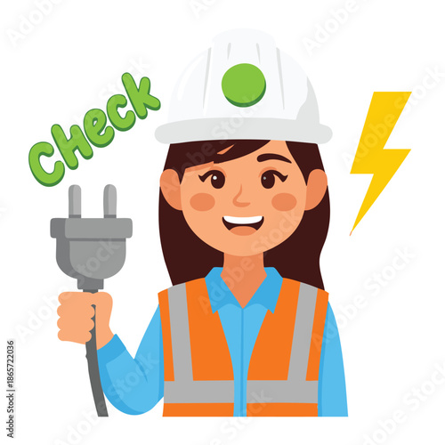 Smiling female construction worker in hard hat holding electrical plug with check mark
