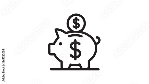 Piggy bank with dollar sign in simple line art style with black color on white background for finance icon