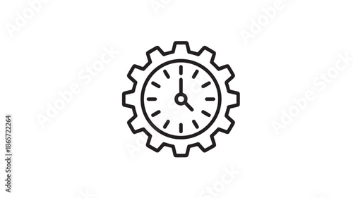 Gear with clock face in simple line art style with black outline on white background for productivity icon