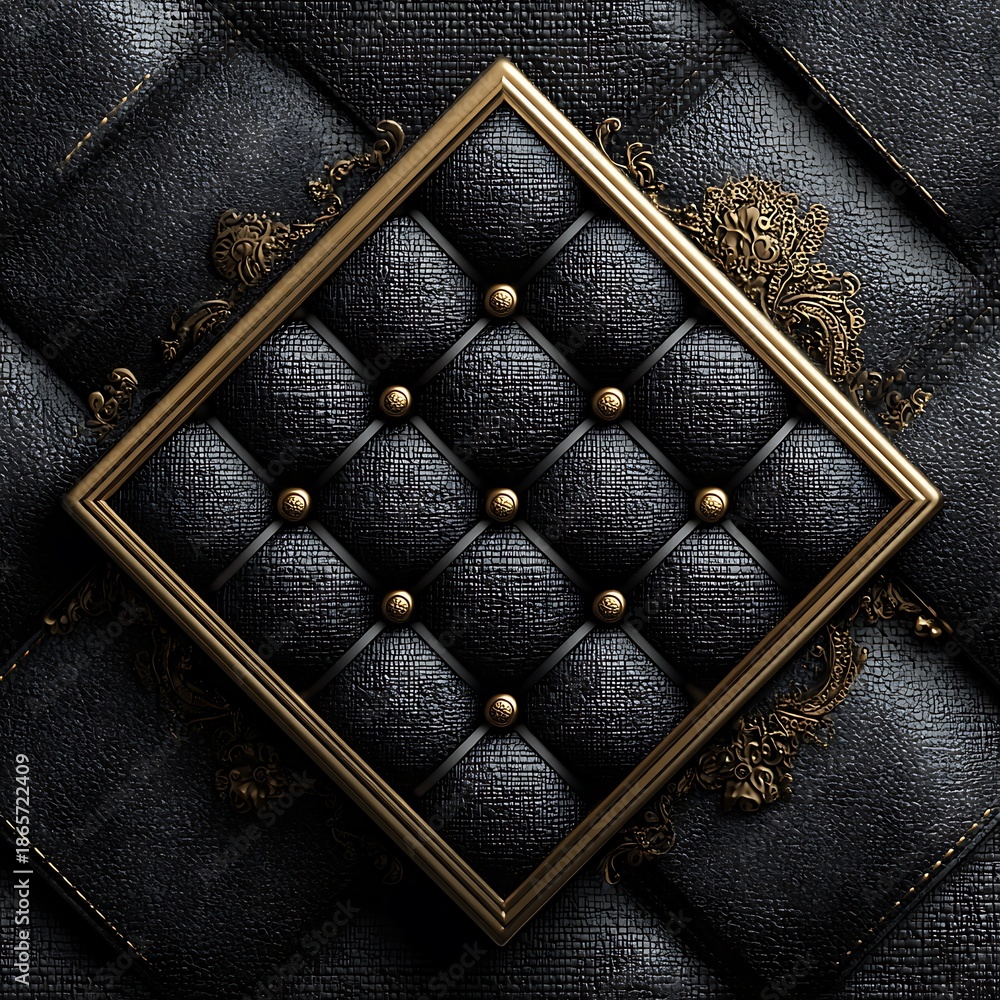 Fototapeta premium Ornate Gold Frame on Black Tufted Leather Texture quilted