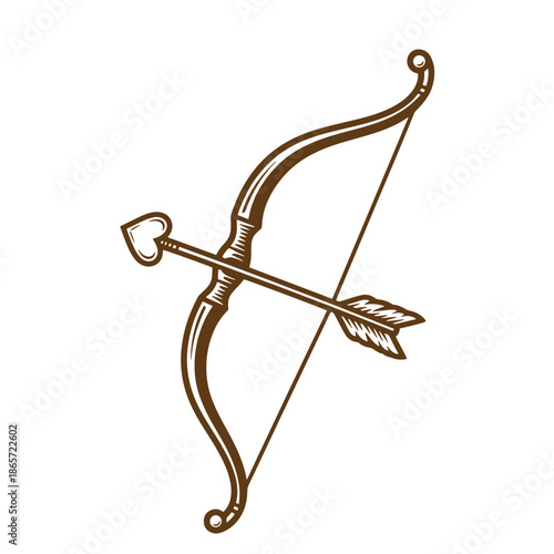 Vintage Brown bow and arrow illustration for hunting or target practice isolated on transparent background