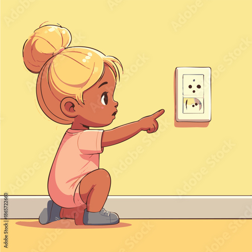 A cartoon illustration of a toddler girl pointing at an electrical outlet on a yellow wall with interest and curiosity