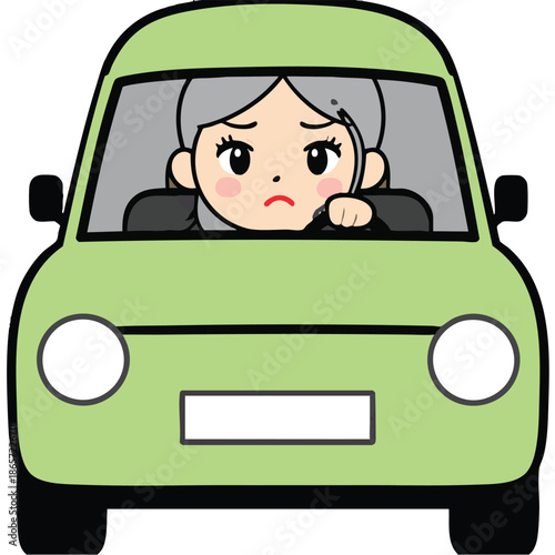 A cartoon illustration of a stressed senior woman sitting in a green car looking frustrated while driving