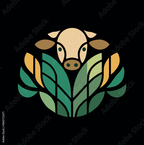 Eco Farm Cow Logo with Green Leaves – Organic Agriculture Vector Emblem