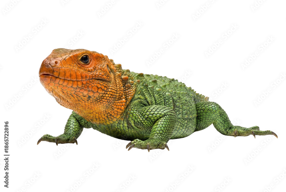 Fototapeta premium Northern caiman lizard isolated. Green and orange reptile.