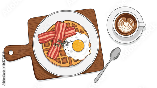 Delicious breakfast set featuring a waffle topped with crispy bacon and a fried egg, served with a cup of heart latte art coffee.