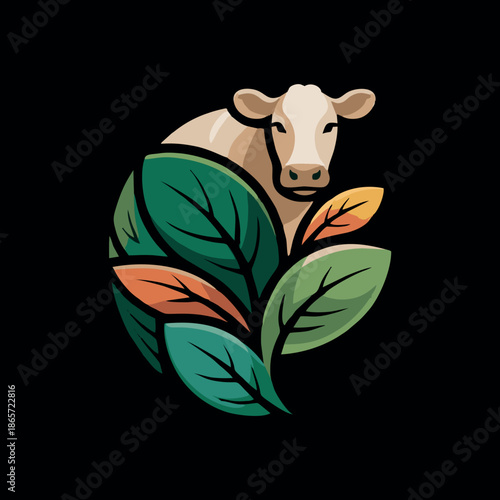 Eco Farm Cow Logo with Green Leaves – Organic Agriculture Vector Emblem