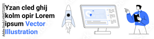 Technology, innovation, business solutions, startups, education, work processes. Rocket launching, computer monitor with secure interface and man pointing. Technology and innovation concept