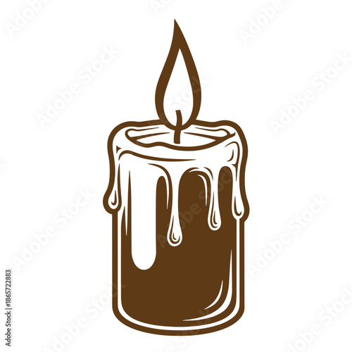 Vintage Brown candle with melting wax and flame on top isolated on white background