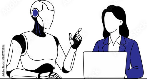 Female CEO Collaborating with AI Humanoid in Professional Business Presentation Illustration