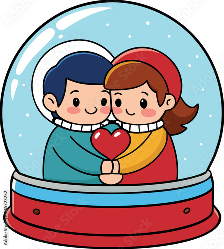 Charming cartoon illustration depicting a sweet romantic couple embracing closely inside a decorative snow globe while jointly holding a bright red heart symbolizing deep enduring affection and shared