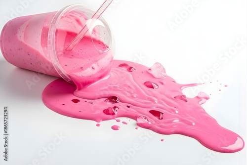 Vibrant pink liquid spilling from tipped glass onto white surface