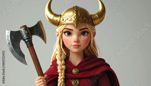 Cartoon Viking Girl with Axe and Golden Horned Helmet.