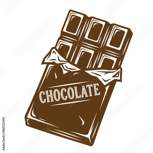 Vintage Brown chocolate bar with wrapper and chocolate squares isolated on white background