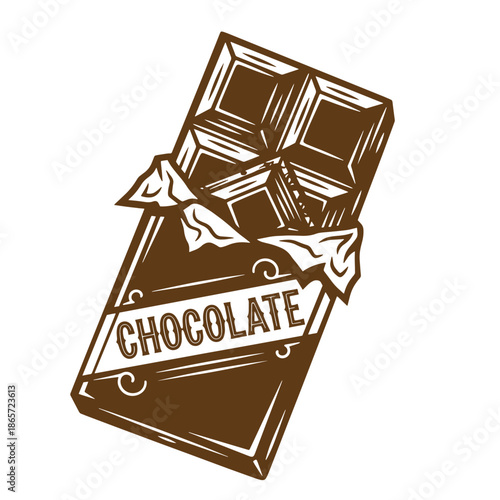 Vintage Brown chocolate bar with wrapper and label isolated on white background