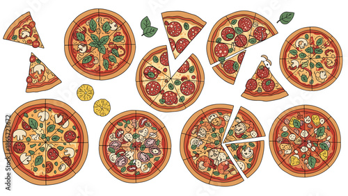 Large collection of various whole pizzas and individual slices with different toppings like pepperoni, mushrooms, and fresh basil.