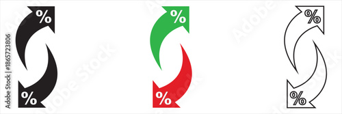 Percentage Exchange Arrows Financial  up and down Icons. Arrows with percentage symbols in different styles and colors, representing exchange rates, discounts, financial change,  or economic cycles.