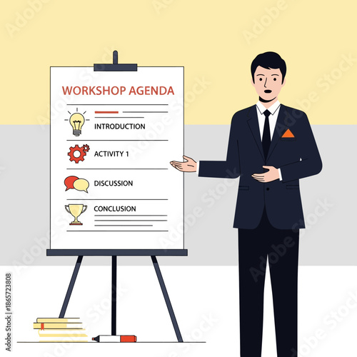 Professional speaker confidently presenting the detailed workshop agenda, outlining key components like introduction, activities, discussion, and final conclusion for effective training sessions.